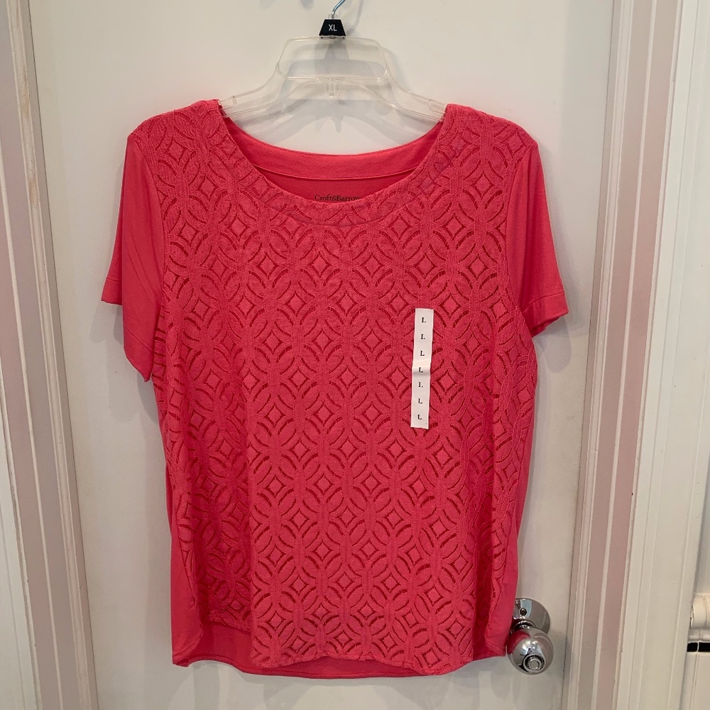 NWT  Lace Top Croft & Barrow Pink Flambe Sz L
